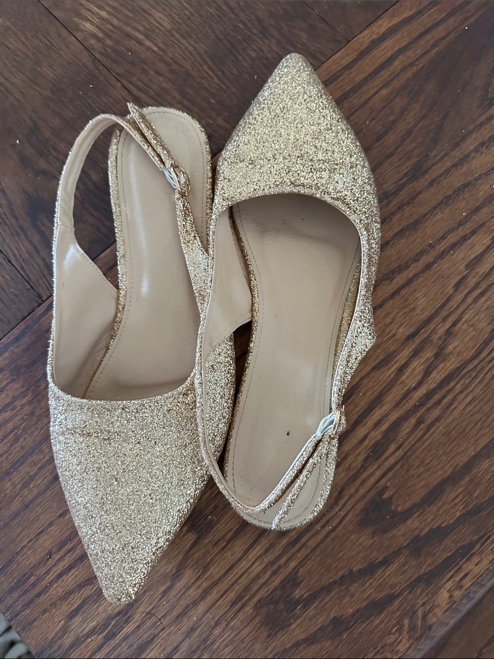 Gold Glitter Pointed Toe Slingback Flats - Women Shoes